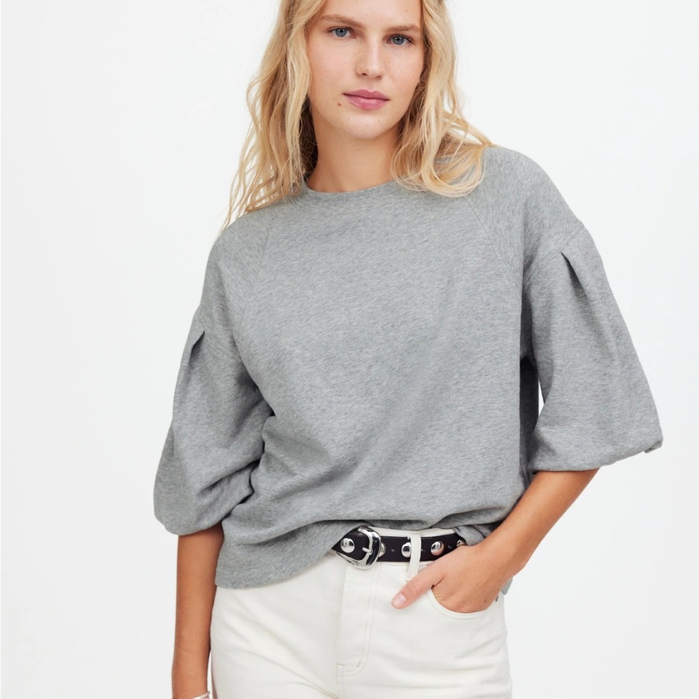 NEW Madewell Puff Sleeve Sweatshirt Tee Hthr Gym Class Grey